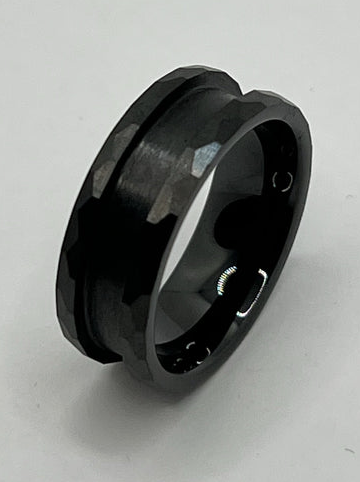 Black faceted men's ring with center groove